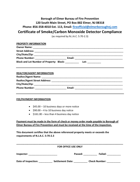 First page of the Certificate of Smoke/Carbon Monoxide Detector Compliance