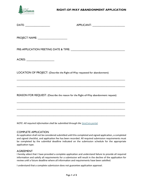 First page of the Right-of-Way Abandonment Application