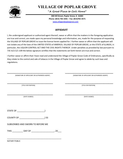 First page of the Tobacco License Affidavit