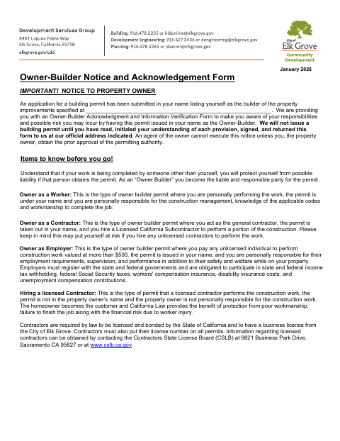 First page of the Owner-Builder Notice and Acknowledgement Form