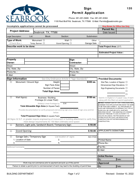 First page of the Sign Permit Application