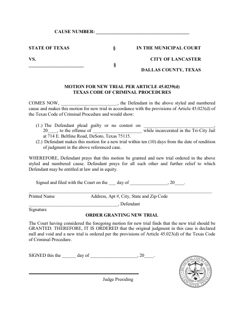 First page of the Motion for New Trial