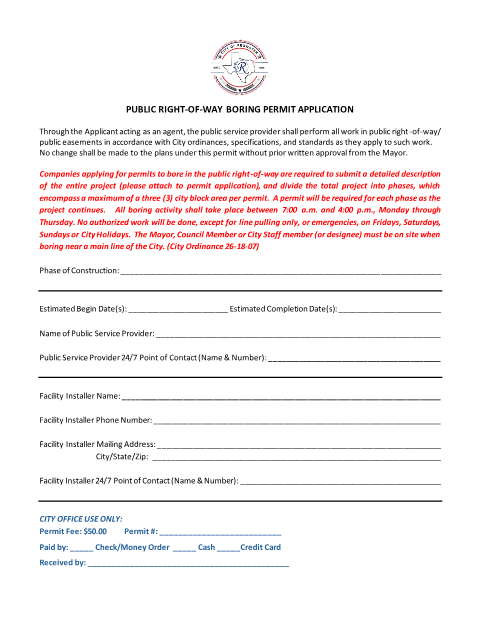 First page of the Public Right-of-Way Boring Permit Application