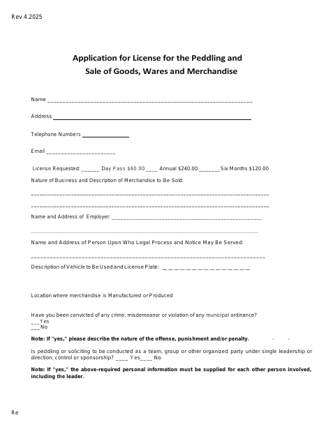First page of the Application for License for the Peddling and Sale of Goods, Wares and Merchandise