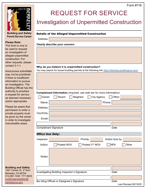 First page of the Request for Service: Investigation of Unpermitted Construction