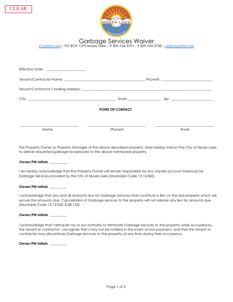 First page of the Garbage Services Waiver