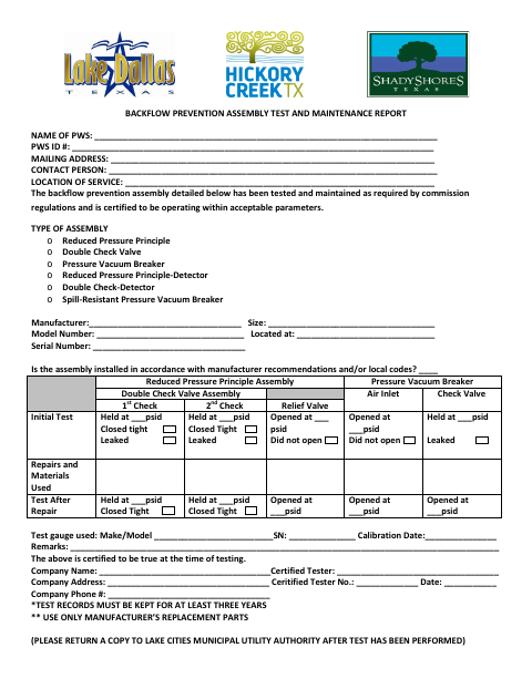 First page of the Backflow Prevention Assembly Test and Maintenance Report