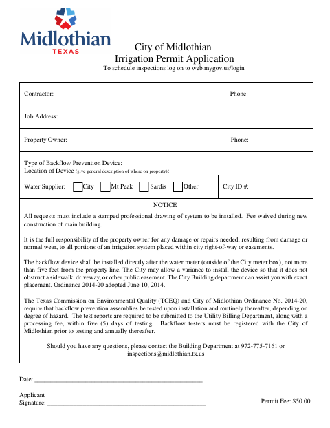 First page of the Irrigation Permit Application