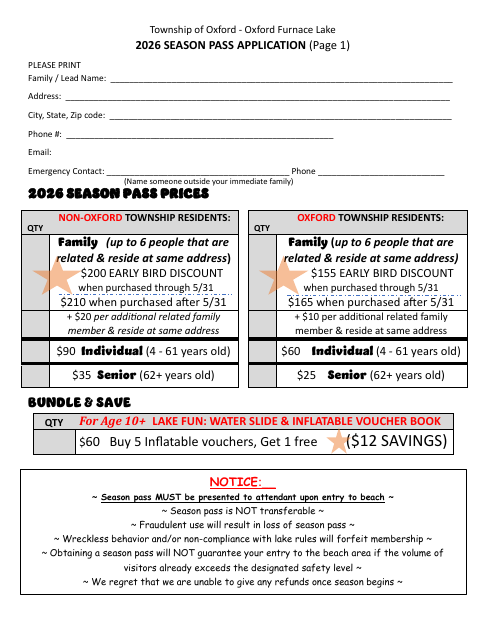First page of the 2026 Season Pass Application