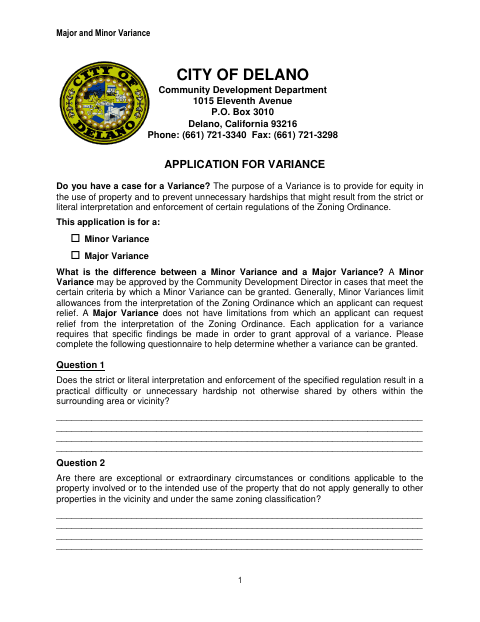 First page of the Application for Variance