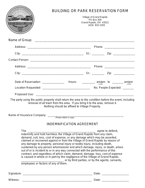 First page of the Building or Park Reservation Form