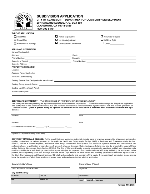 First page of the Subdivision Application