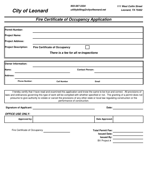 First page of the Fire Certificate of Occupancy Application