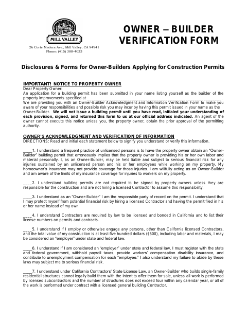 First page of the Property Owner-Builder Verification Form