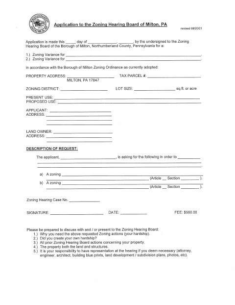 First page of the Zoning Variance Application