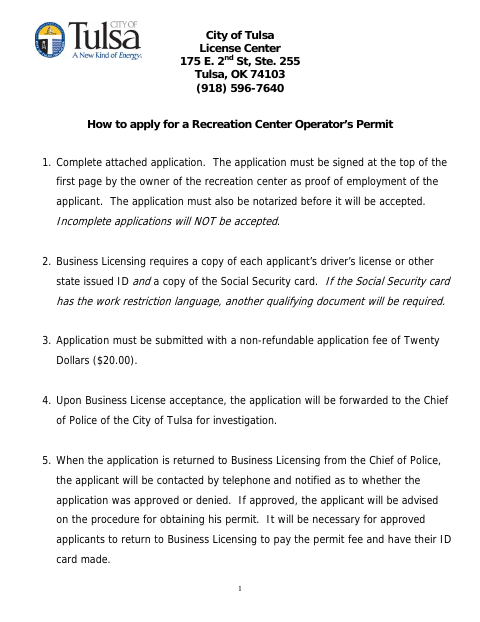 First page of the Recreation Center Operator Permit Application