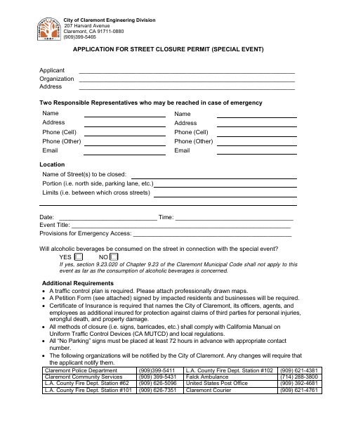 First page of the Application for Street Closure Permit (Special Event)