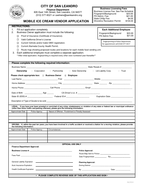 First page of the Mobile Ice Cream Vendor Application