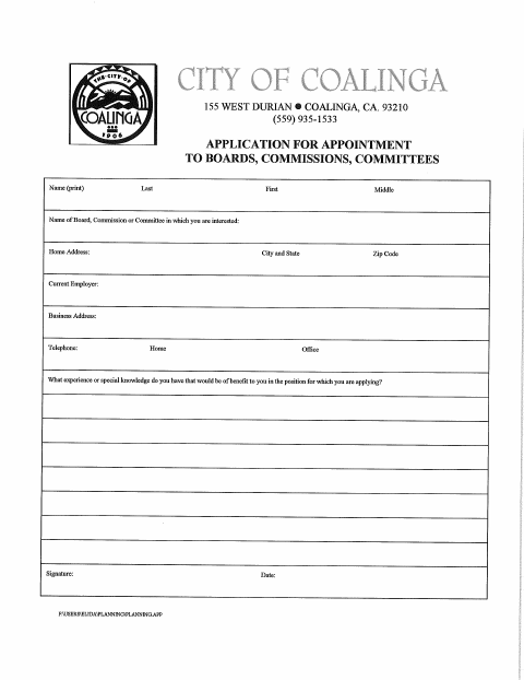 First page of the Application for Appointment to Boards, Commissions, and Committees