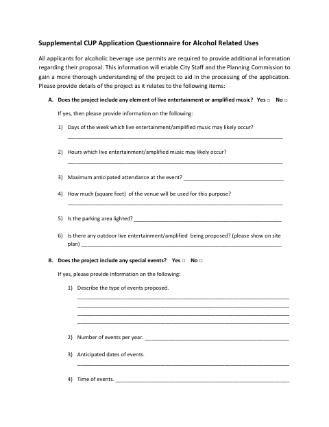 First page of the Supplemental CUP Application Questionnaire for Alcohol Related Uses