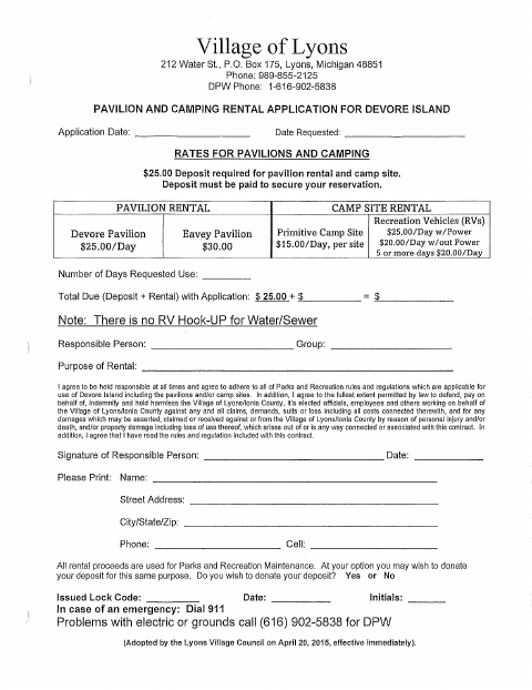 First page of the Pavilion and Camping Rental Application