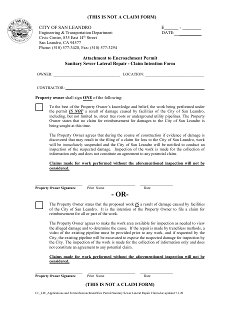 First page of the Sanitary Sewer Lateral Repair Claim Intention Form