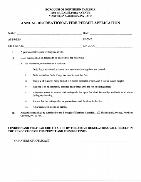 First page of the Annual Recreational Fire Permit Application