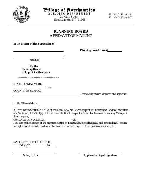 First page of the Planning Board Affidavit of Mailing