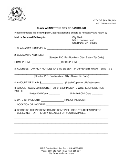 First page of the Claim Against the City