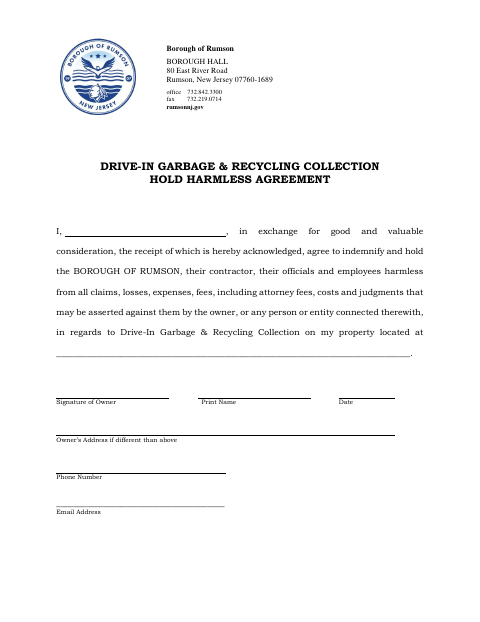 First page of the Drive-In Garbage & Recycling Collection Hold Harmless Agreement