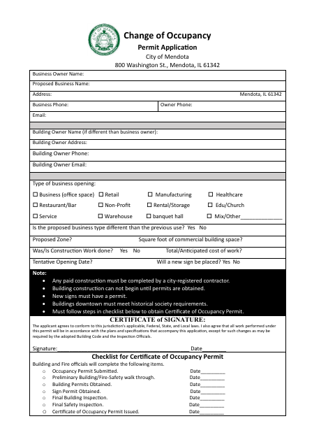 First page of the Change of Occupancy Permit Application