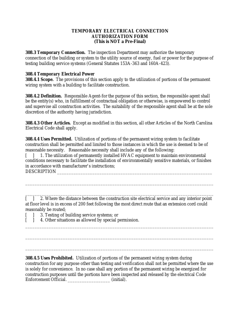 First page of the Temporary Electrical Connection Authorization Form
