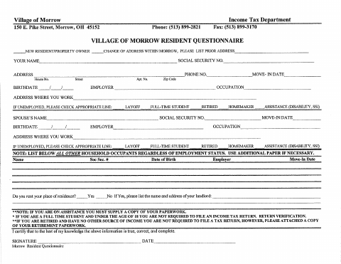 First page of the Resident Questionnaire
