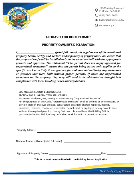 First page of the Affidavit For Roof Permits
