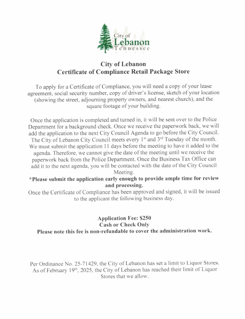 First page of the Retail Package Store Certificate of Compliance
