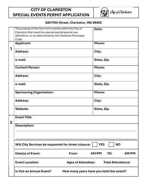 First page of the Special Events Permit Application