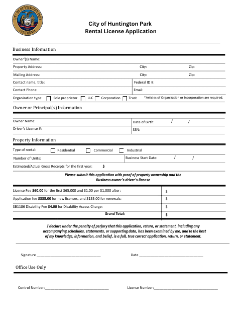 First page of the Rental License Application