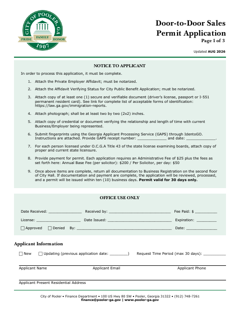 First page of the Door-to-Door Sales Permit Application