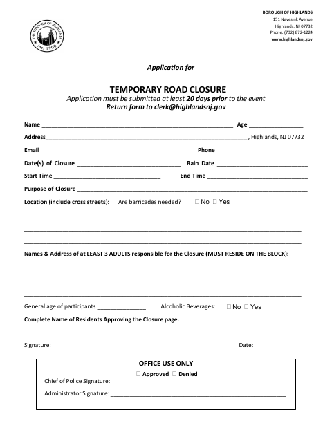 First page of the Application for Temporary Road Closure