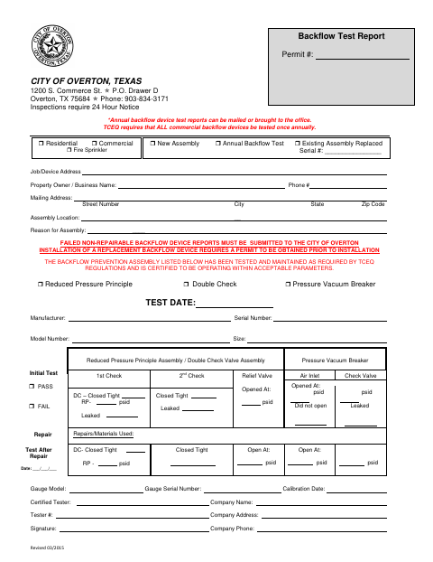 First page of the Backflow Test Report Form