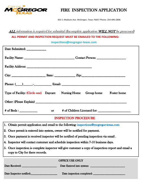 First page of the Fire Inspection Application