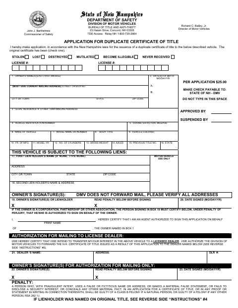First page of the Application for Duplicate Certificate of Title