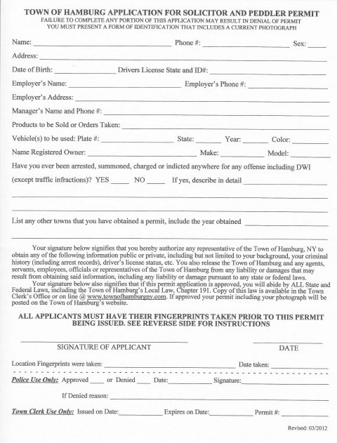 First page of the Application for Solicitor and Peddler Permit