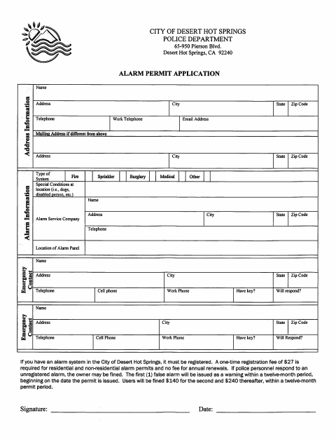First page of the Alarm Permit Application