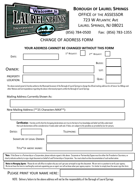 First page of the Change of Address Form