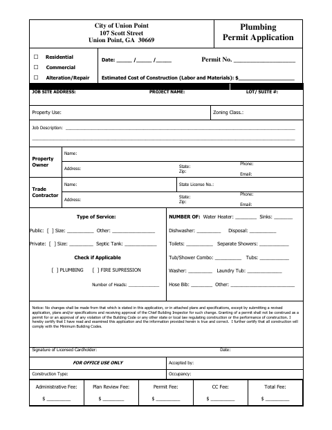First page of the Plumbing Permit Application