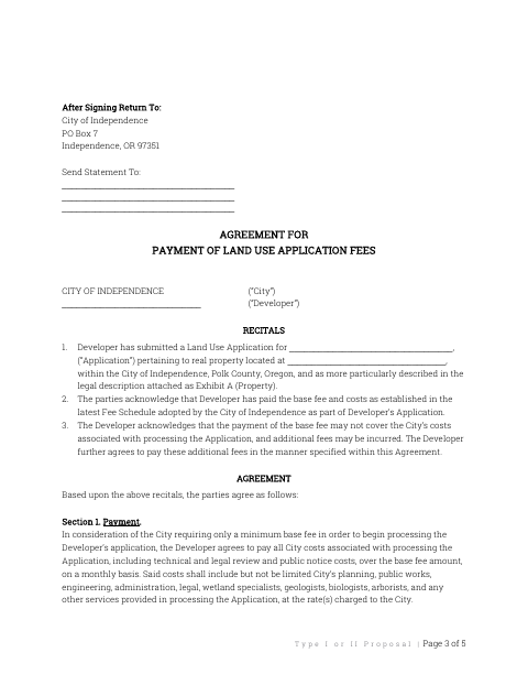First page of the Type I or II Land Use Application Fee Payment Agreement
