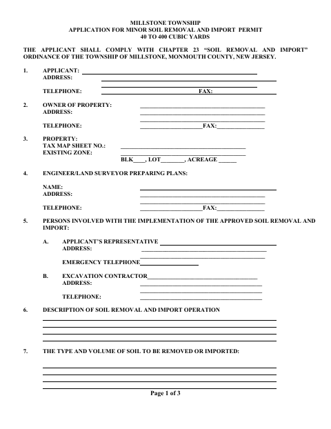 First page of the Application for Minor Soil Removal and Import Permit, 40 to 400 Cubic Yards