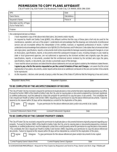 First page of the Permission to Copy Plans Affidavit