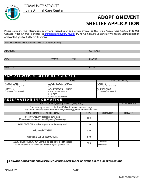 First page of the Adoption Event Shelter Application